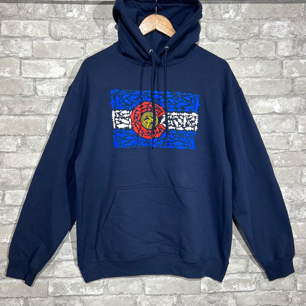 Colorado State Flag Hoodie  Women's Large Fishing Themed Hooded Sweatshirt Blue